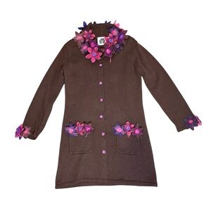 Vintage 90s Y2K Storybook Knits Long Penny Lane Cardigan Brown Pink Flower M